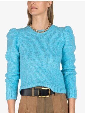 Derek Lam Locken Blue Puff-Shoulder Crewneck Sweater